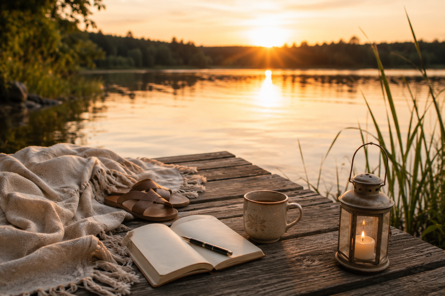 Holzsteg am See bei Sonnenuntergang mit Decke, Tasse und Journal – ein stimmungsvoller Ort für entspannte Me-Time.
