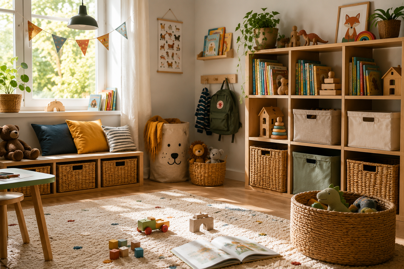 Helles Kinderzimmer mit offenen Regalen, Körben und einer aufgeräumten Spielecke.