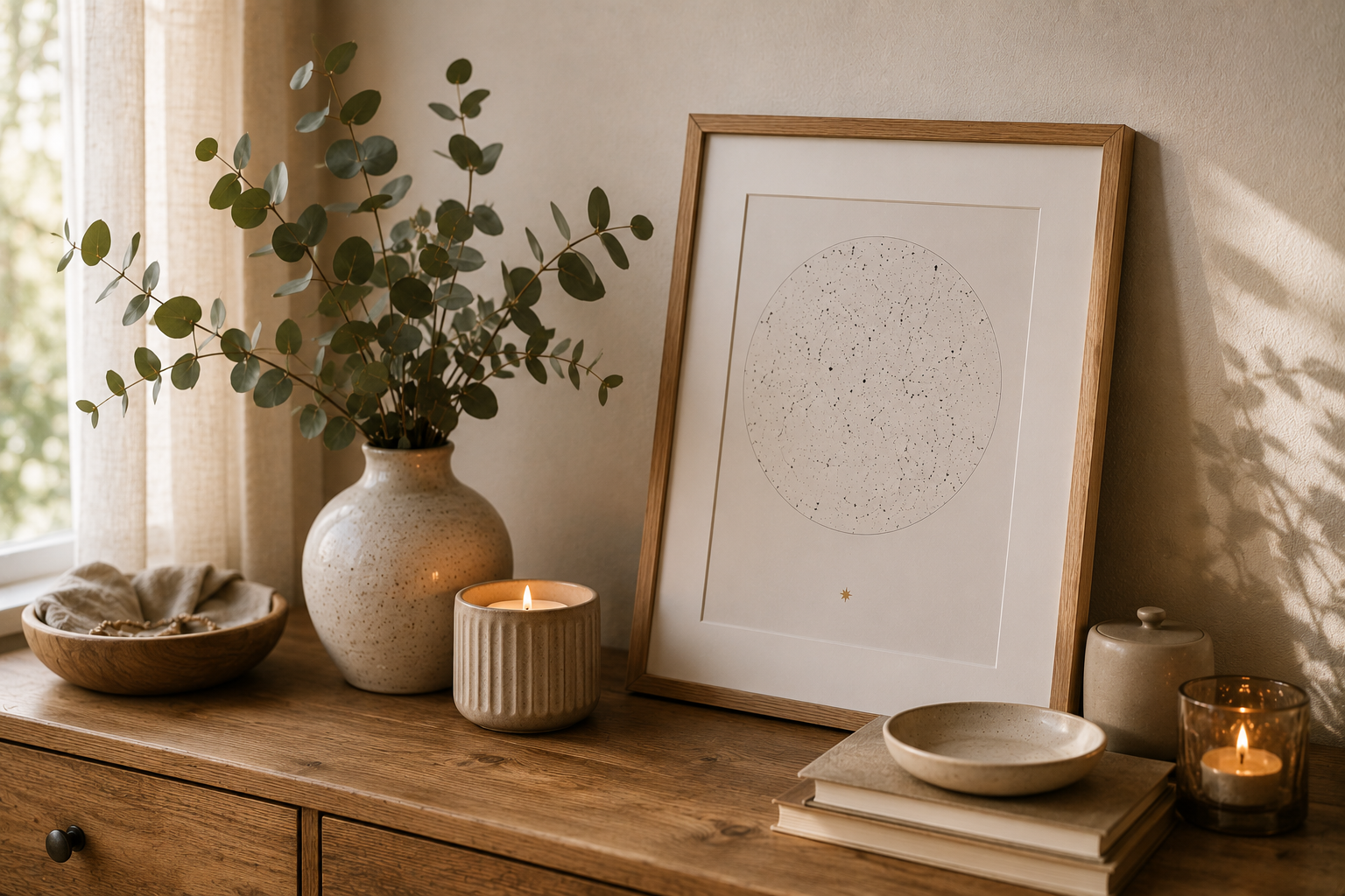 Holzkommode mit eingerahmter Sternenkarte, Keramikvase mit Eukalyptus, brennenden Kerzen und natürlichen Wohnaccessoires im warmen Fensterlicht.