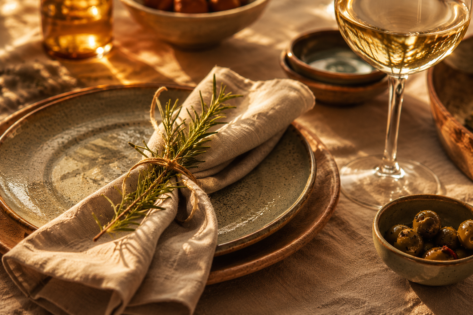 Leinenserviette mit Rosmarinzweig auf einem mediterran gedeckten Tisch.