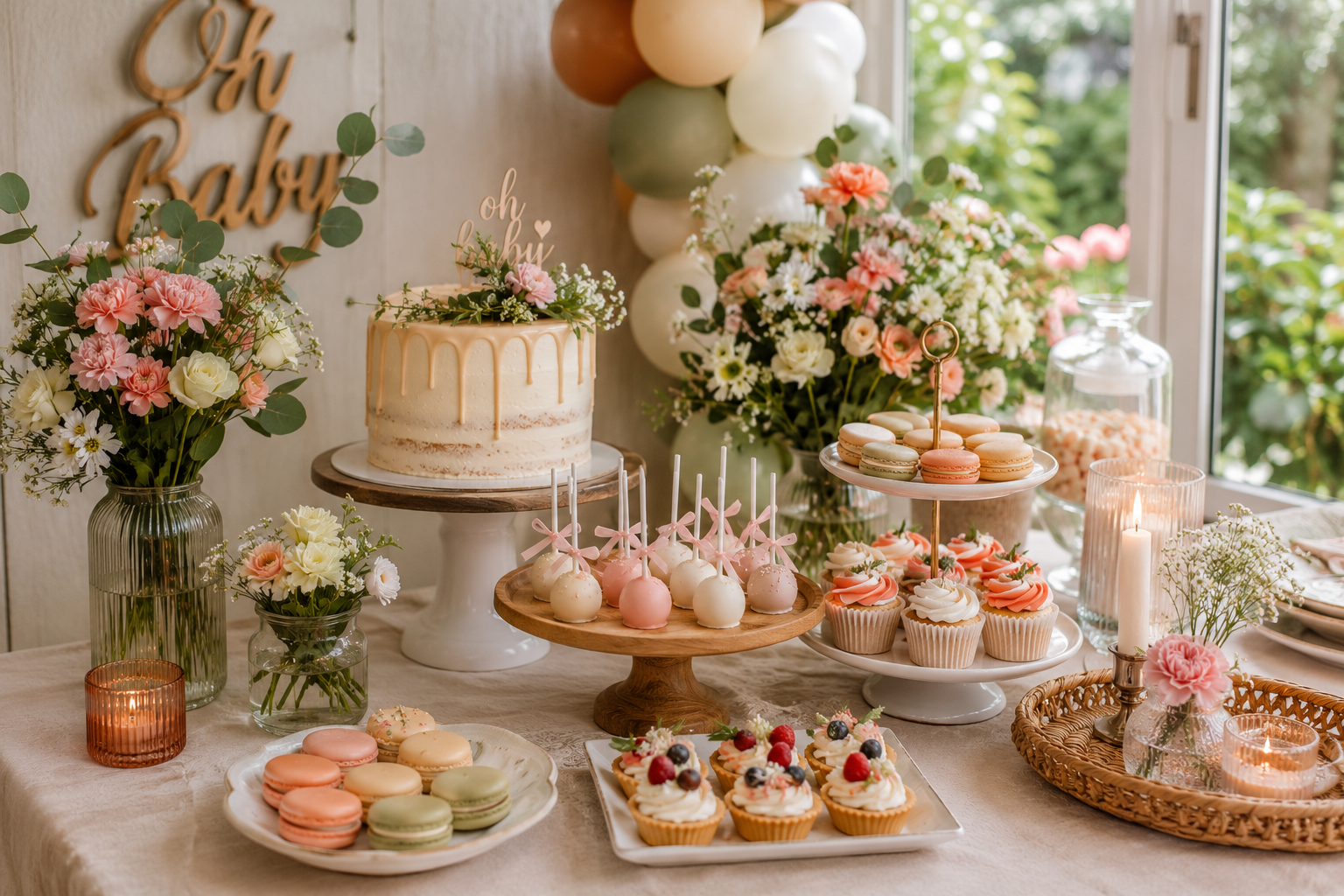Sweet Table mit Cupcakes, kleiner Torte und frischen Blumen.