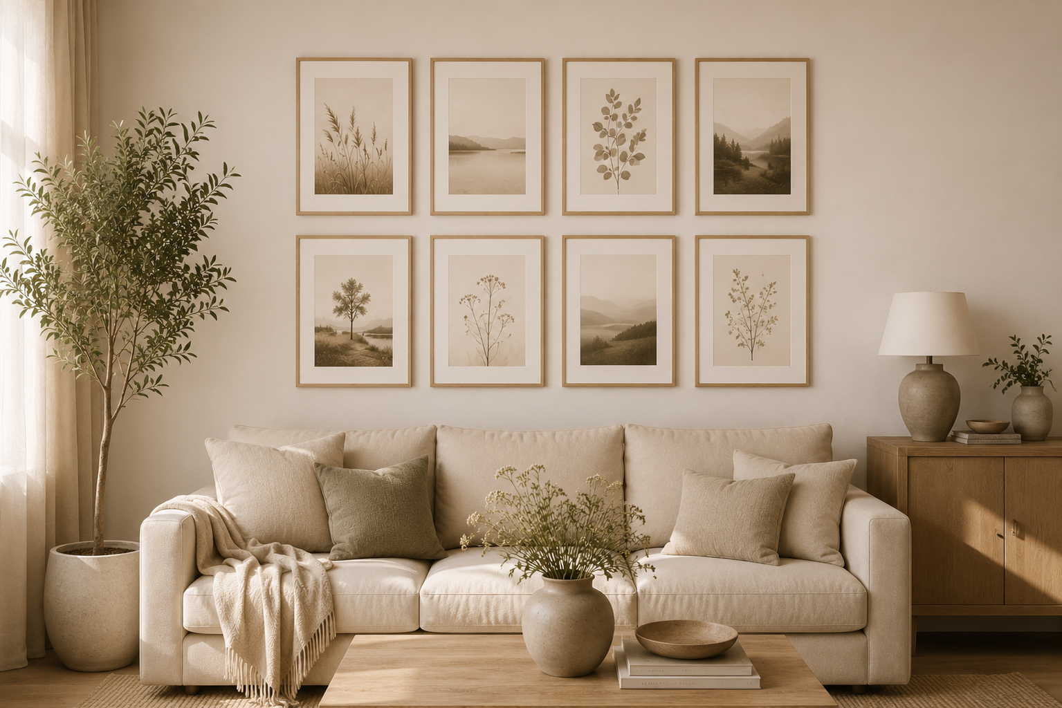 Helles Wohnzimmer mit beigem Sofa und einer symmetrisch angeordneten Bilderwand aus acht gleichmäßig ausgerichteten Holzrahmen mit Naturmotiven. Ein Holzsideboard, Keramikvasen und eine große Zimmerpflanze ergänzen die ruhige, harmonische Wohnatmosphäre.