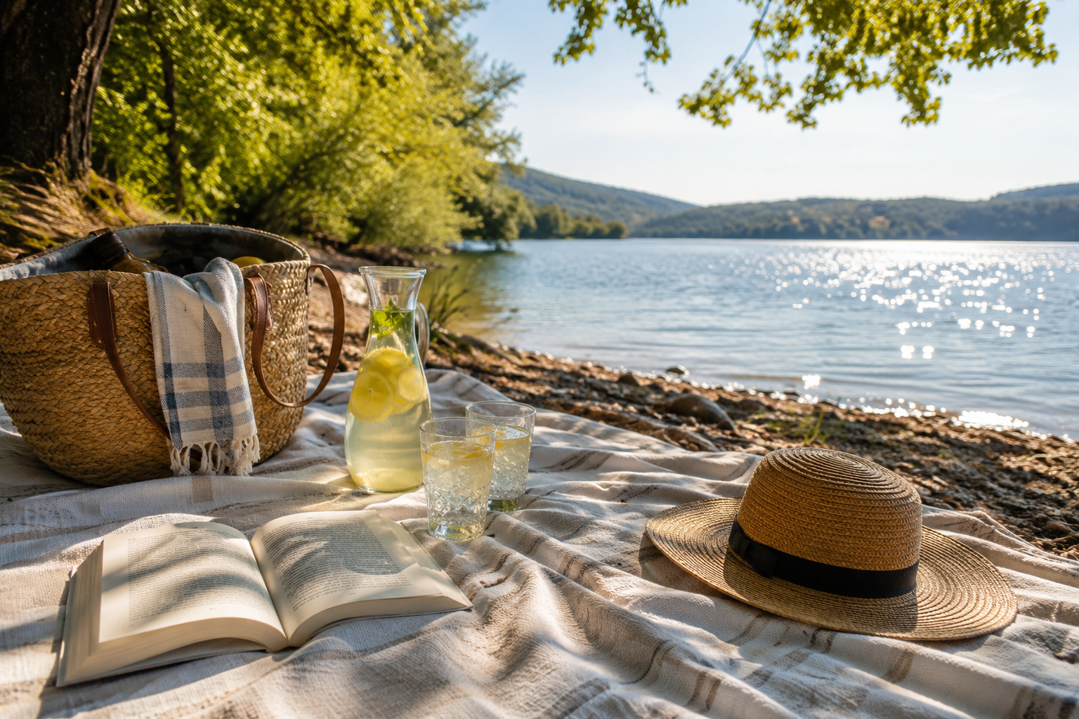 Picknickdecke mit Getränken und Strohhut am Ufer eines sonnigen Sees.