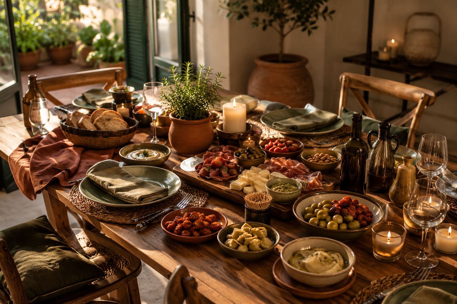 Liebevoll gedeckter Tisch mit verschiedenen Tapas, Kerzen und mediterraner Dekoration.