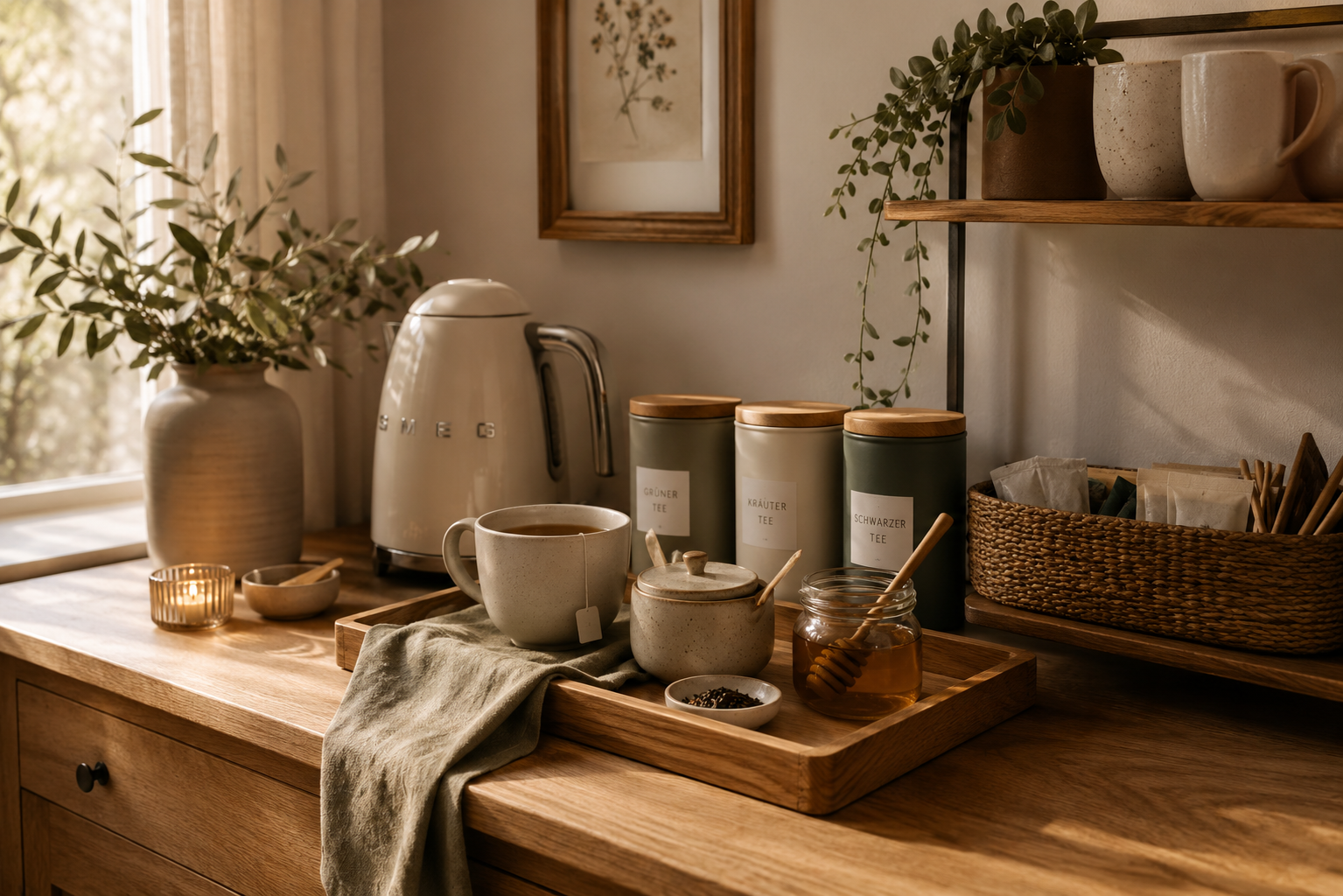 Liebevoll eingerichtete Tea Corner auf einer warmen Holzarbeitsplatte mit Keramiktassen, Teedosen, Wasserkocher, Holztablett und natürlichen Materialien in einer gemütlichen Küche.