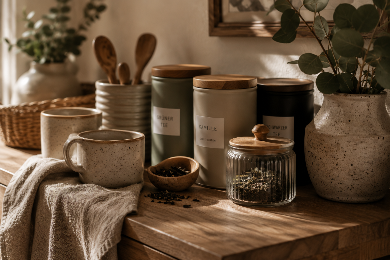 Detailaufnahme einer Tea Corner mit Keramiktassen, Teedosen, Glasgefäß, Leinentuch und Eukalyptus auf einer warmen Holzarbeitsplatte in gemütlicher Atmosphäre.