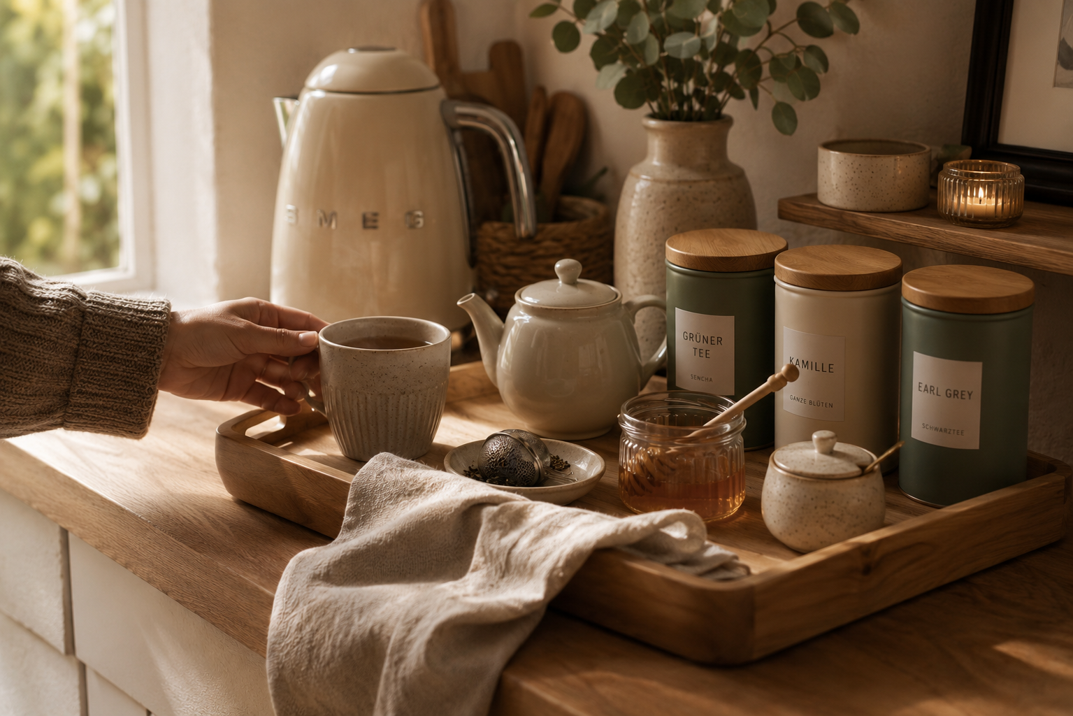 Gemütliche Tea Station auf einem Holztablett mit Keramiktasse, Teekanne, Teedosen, Honigglas und Leinentuch auf einer warmen Holzarbeitsplatte. Eine Hand greift nach einer Tasse Tee.