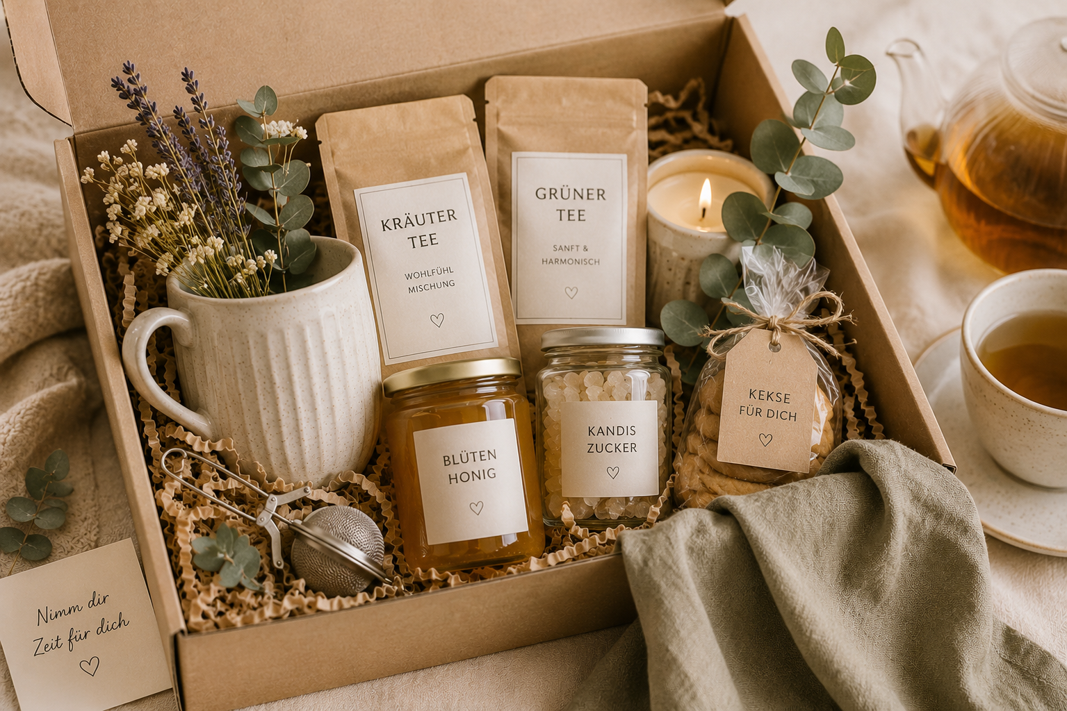 Tee-Geschenkbox mit verschiedenen Teesorten, Honig, Kandiszucker, Keramiktasse, Tee-Ei und Keksen als Inspiration zum Geschenkbox selber zusammenstellen.