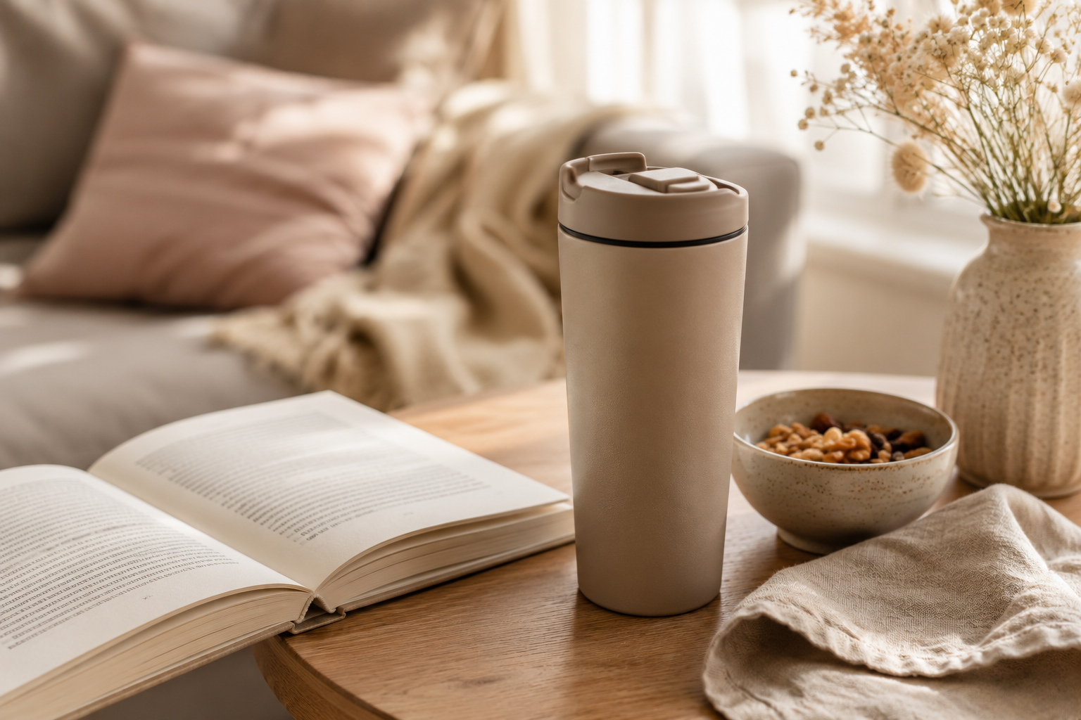Thermobecher als praktisches Geschenk fürs Wochenbett Hochwertiger Thermobecher auf einem Beistelltisch mit Buch und Keramikgeschirr in einer gemütlichen Wohnatmosphäre.