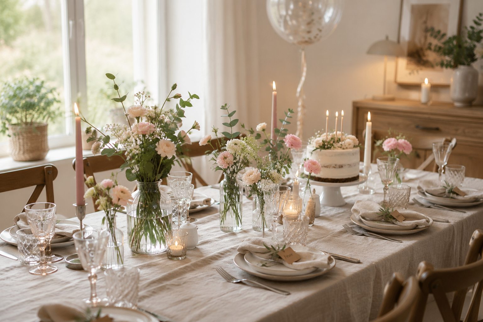 Festlich gedeckter Geburtstagstisch mit Blumen, Kerzen und einer kleinen Torte.