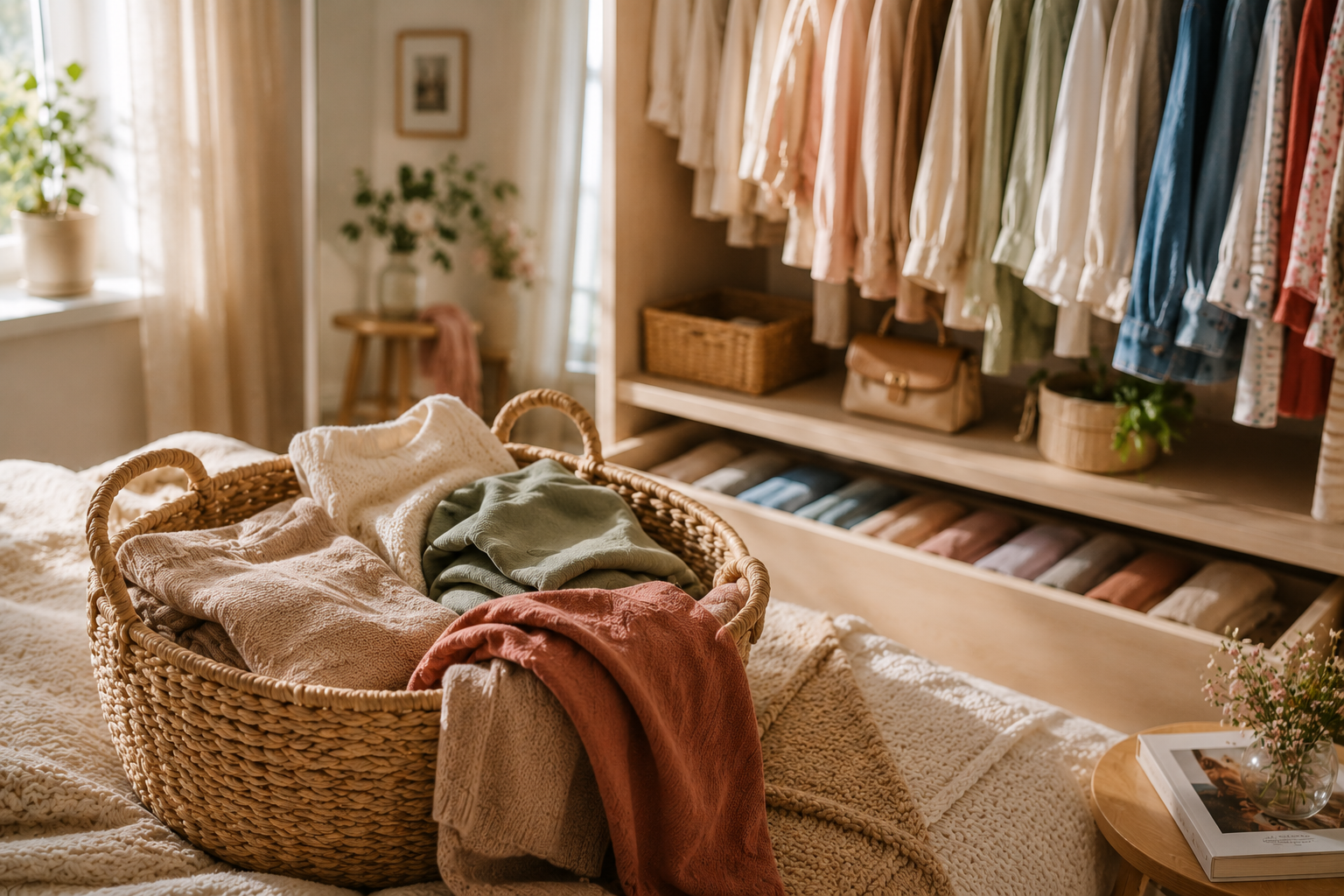 Geflochtener Wäschekorb mit frisch gefalteter Kleidung auf einem Bett vor einem hellen, ordentlich organisierten Kleiderschrank.