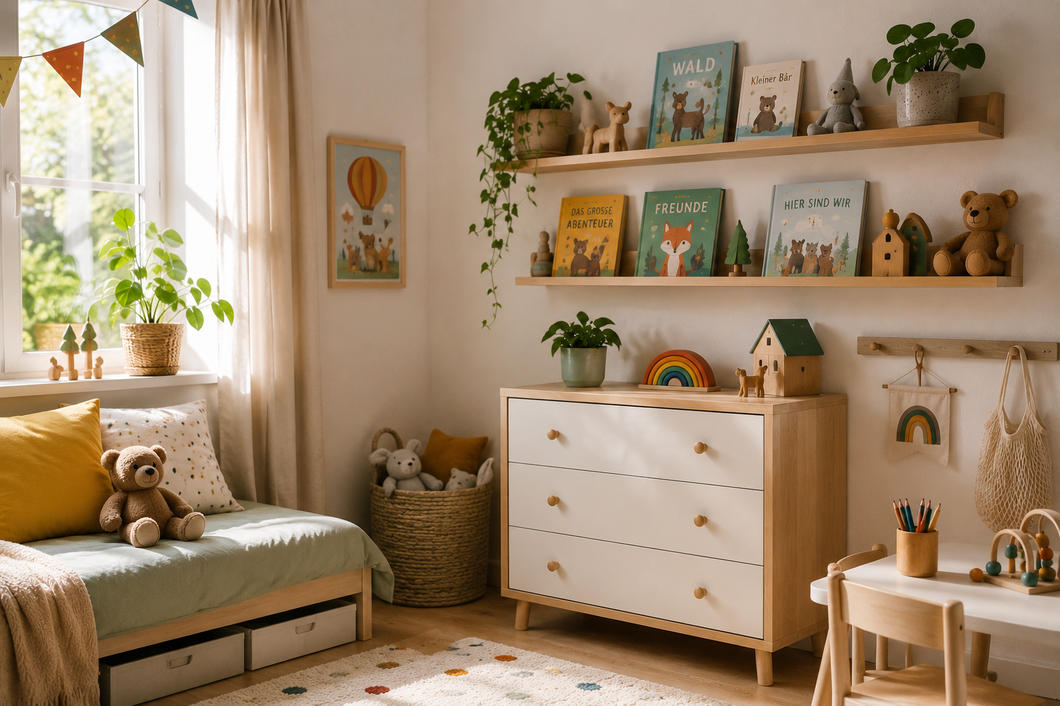 Wandregale mit Büchern und Dekoration über einer Kommode im Kinderzimmer.