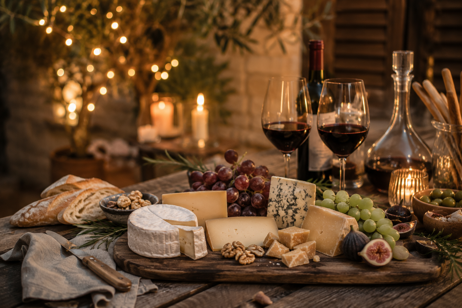 Liebevoll arrangiertes Käsebrett mit verschiedenen Käsesorten, Trauben, Feigen, Nüssen, Baguette und Rotwein auf einem rustikalen Holztisch. Kerzen und Lichterketten sorgen für eine gemütliche Atmosphäre.