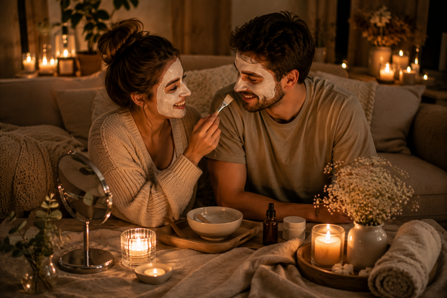 Paar genießt einen gemütlichen Wellness-Abend zuhause mit Gesichtsmaske, Kerzen und entspannter Atmosphäre auf dem Sofa.