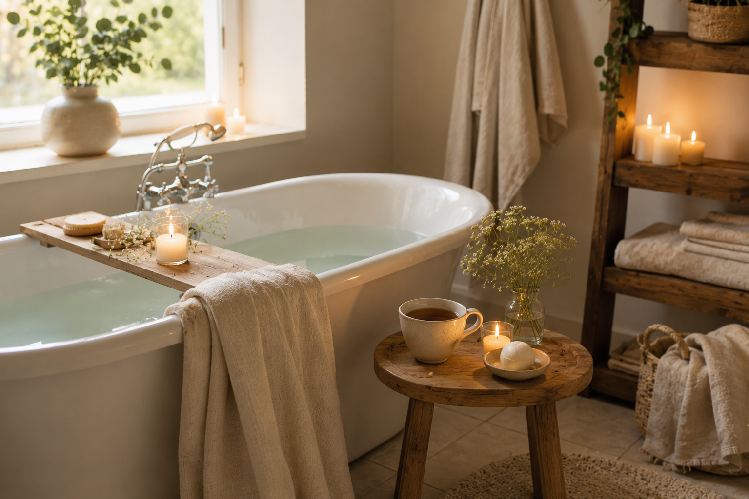 Helles Badezimmer mit freistehender Badewanne, Kerzen, Tee und natürlichen Accessoires für einen entspannten Wellnesstag zuhause.