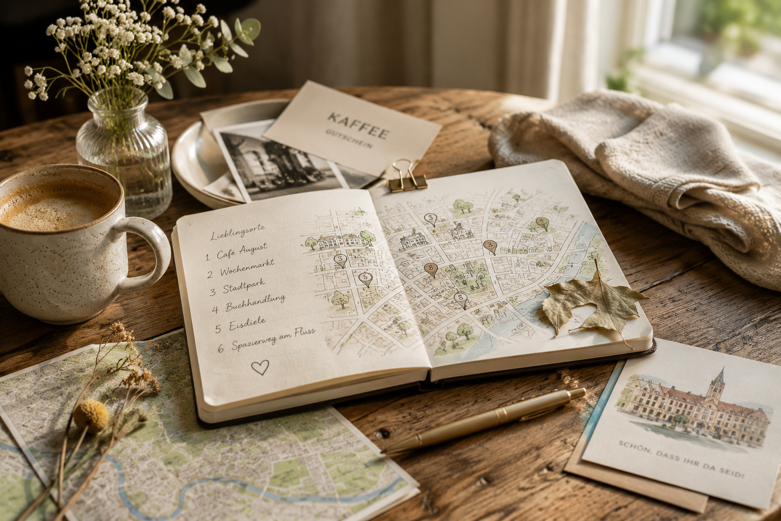 Aufgeschlagenes Notizbuch mit handgezeichneter Stadtkarte, persönlichen Empfehlungen, Kaffeetasse und kleinen Erinnerungsstücken auf einem Holztisch.