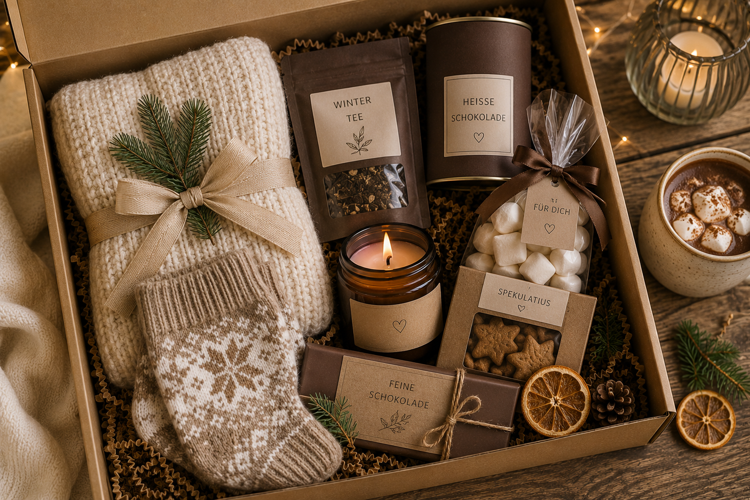 Geöffnete Geschenkbox mit kuscheliger Strickdecke, warmen Socken, Duftkerze, heißer Schokolade, winterlichem Tee, Marshmallows, Keksen und getrockneten Orangenscheiben auf einem Holztisch in warmem Tageslicht.
