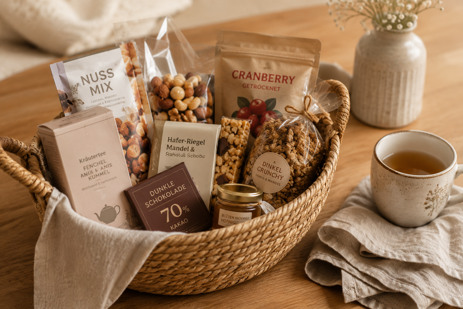Liebevoll gefüllter Snackkorb fürs Wochenbett Geflochtener Korb mit gesunden Snacks, Tee und kleinen Leckereien als Geschenk für eine frischgebackene Mama.