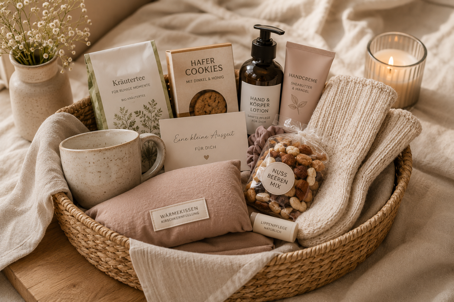 Liebevoll zusammengestellter Wochenbettkorb Geflochtener Geschenkkorb mit Snacks, Tee, Pflegeprodukten, Kuschelsocken und Wärmekissen für das Wochenbett.