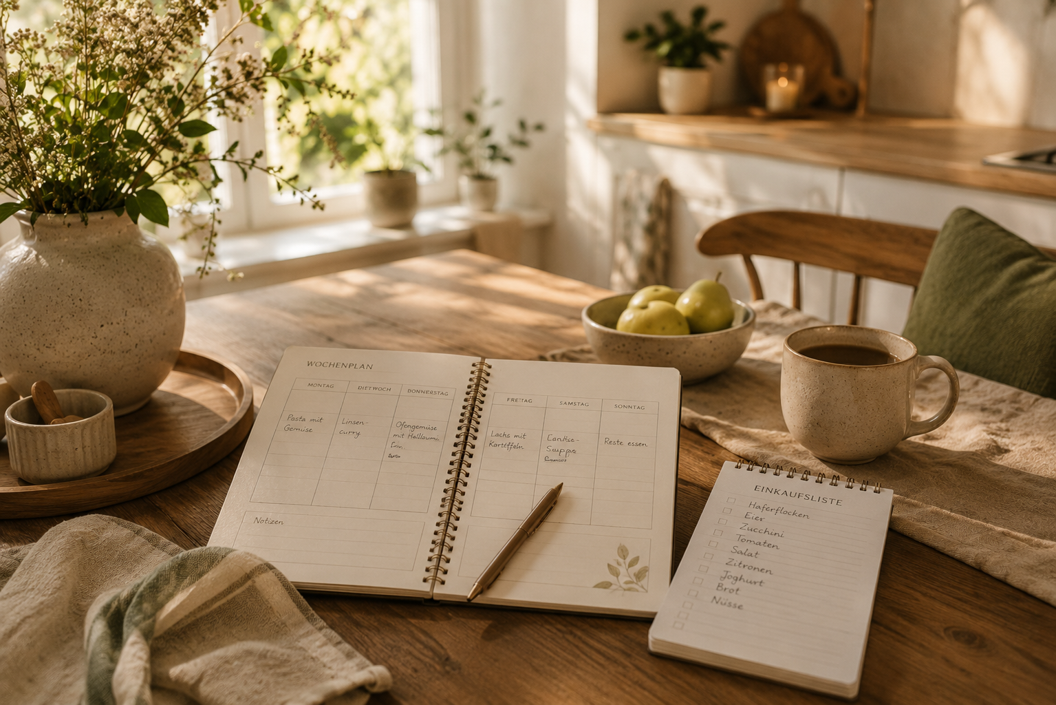 Wochenplan und Einkaufsliste auf dem Küchentisch Gemütlicher Küchentisch mit geöffnetem Wochenplan, Einkaufsliste, Keramiktasse und frischen Blumen im warmen Morgenlicht – Vorbereitung für eine entspannte Wochenplanung.