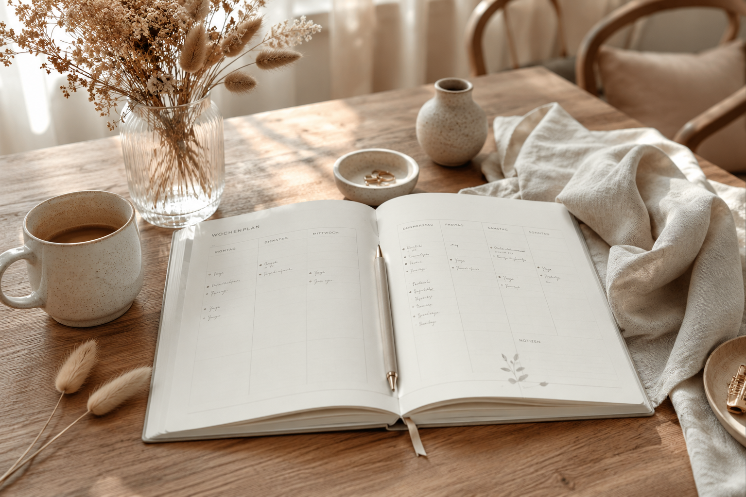 Geöffneter Wochenplaner auf einem Holztisch mit einer Tasse Kaffee und natürlichen Wohnaccessoires im Morgenlicht.