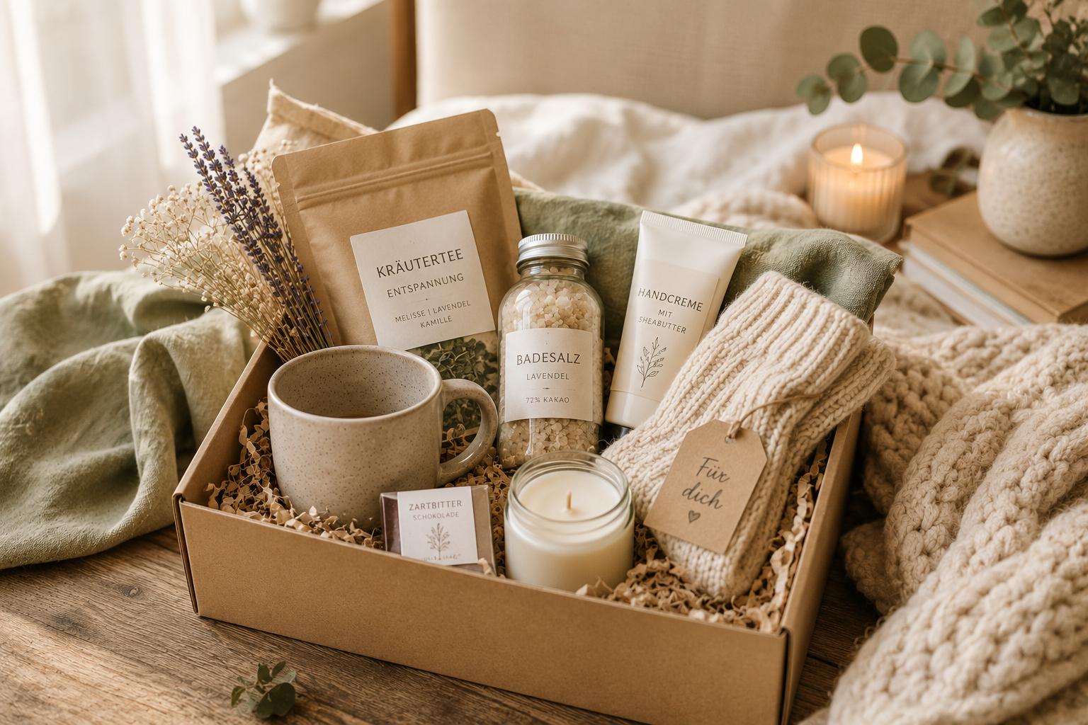 Liebevoll zusammengestellte Wohlfühlbox mit Tee, Tasse, Badesalz, Handcreme, Kerze und kuscheligen Socken in einer warmen, gemütlichen Wohnatmosphäre.