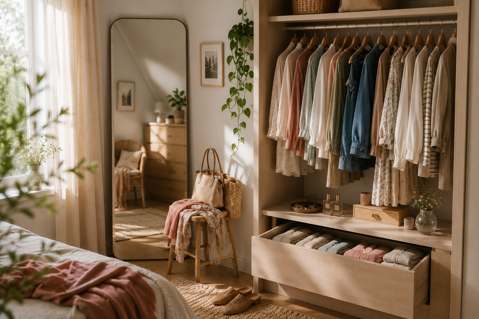 Heller Kleiderschrank mit farblich sortierter Kleidung, geöffneter Schublade, großem Standspiegel und gemütlicher Schlafzimmeratmosphäre.