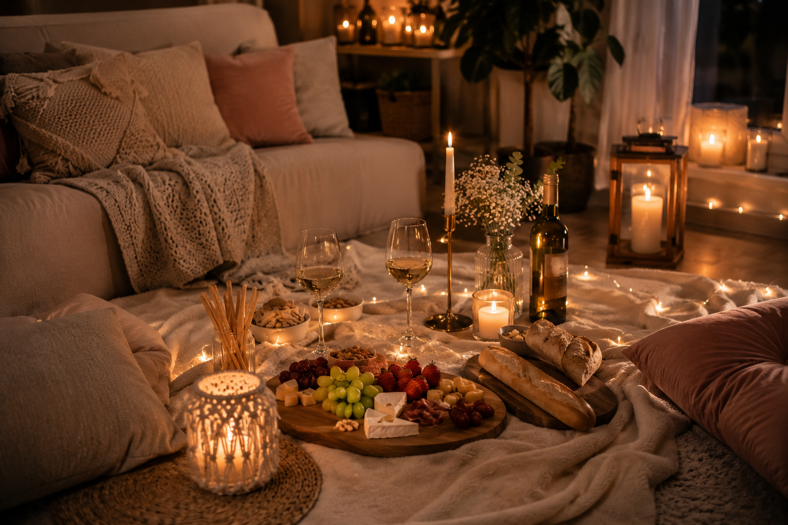 Gemütliches Wohnzimmer-Picknick mit Kerzen, Wein, Käse, Obst und kuscheligen Decken – eine romantische Idee für ein Date zuhause.