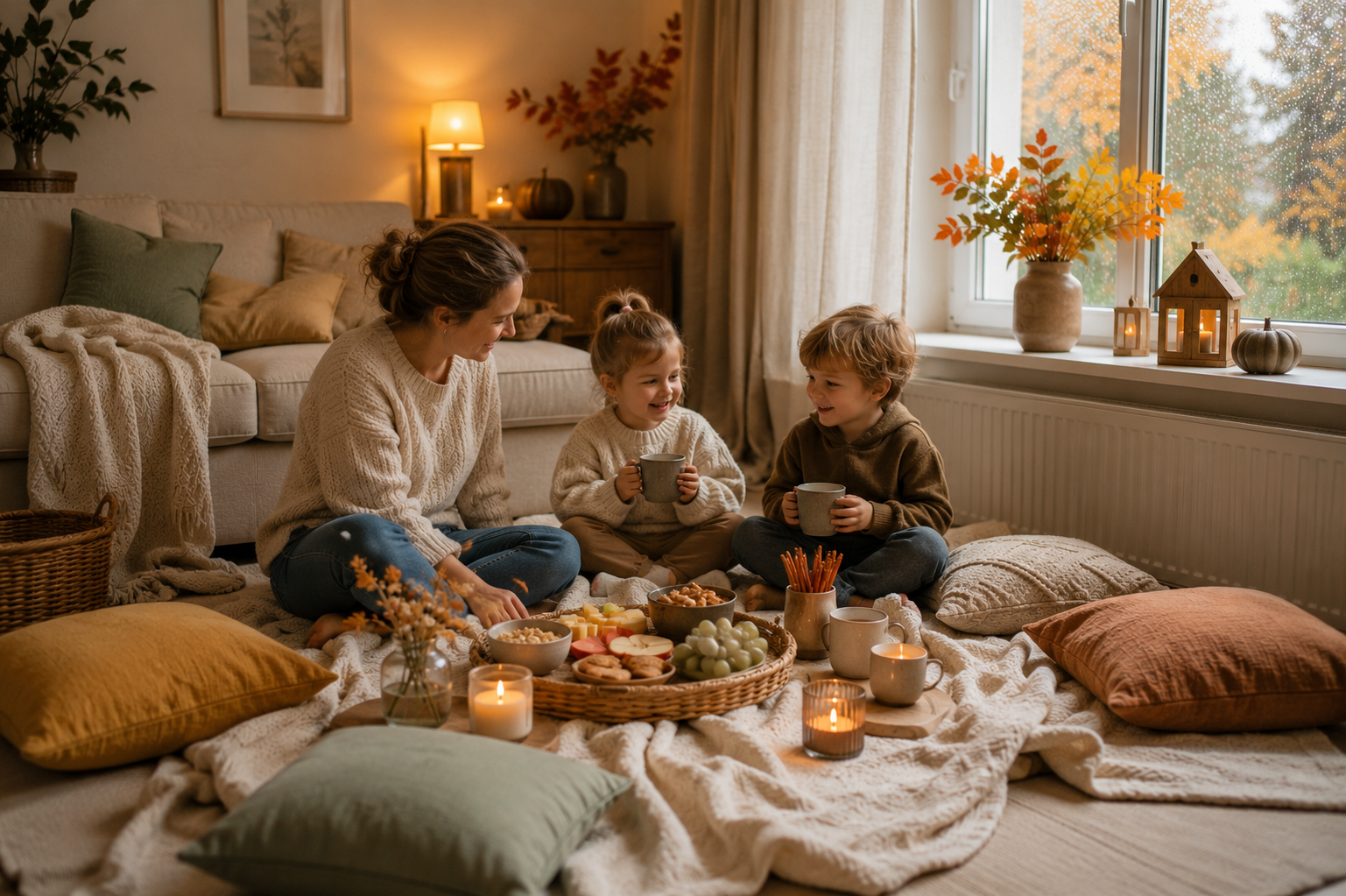 Wohnzimmer-Picknick an einem Regentag im Herbst
