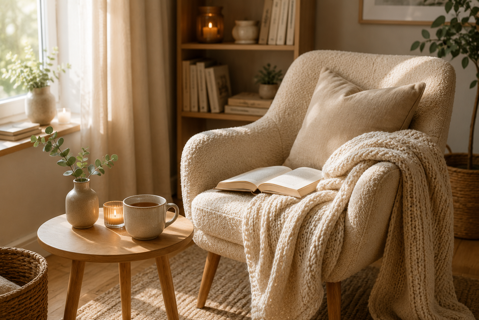 Gemütlicher Lesesessel mit Buch, Kuscheldecke und einer Tasse Tee in ruhiger Wohnatmosphäre.