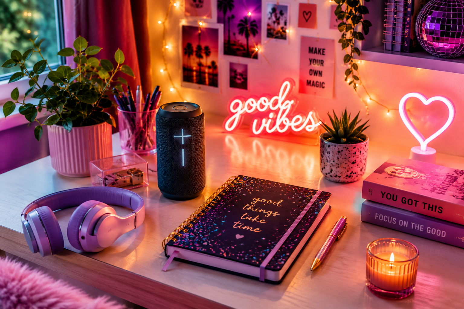 Zimmerpflanze, Lautsprecher und Journal als Geschenkideen für Teenager-Mädchen.