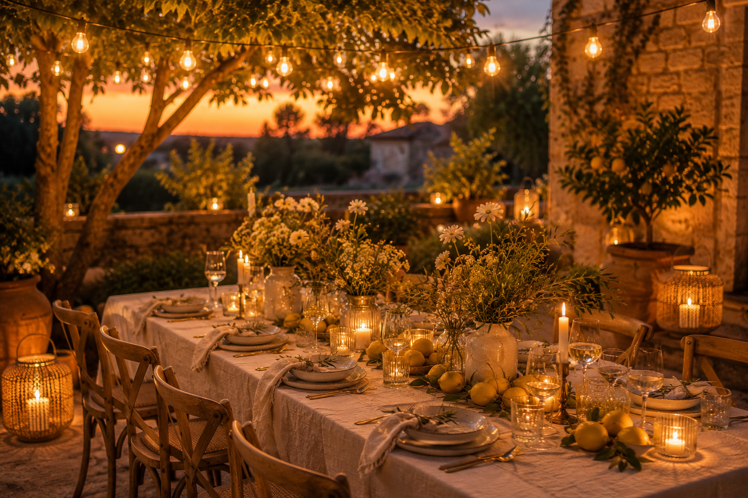Sommerliche Gartenparty bei Sonnenuntergang mit Lichterketten, Windlichtern, Zitronen und mediterran gedecktem Tisch in gemütlicher Atmosphäre.