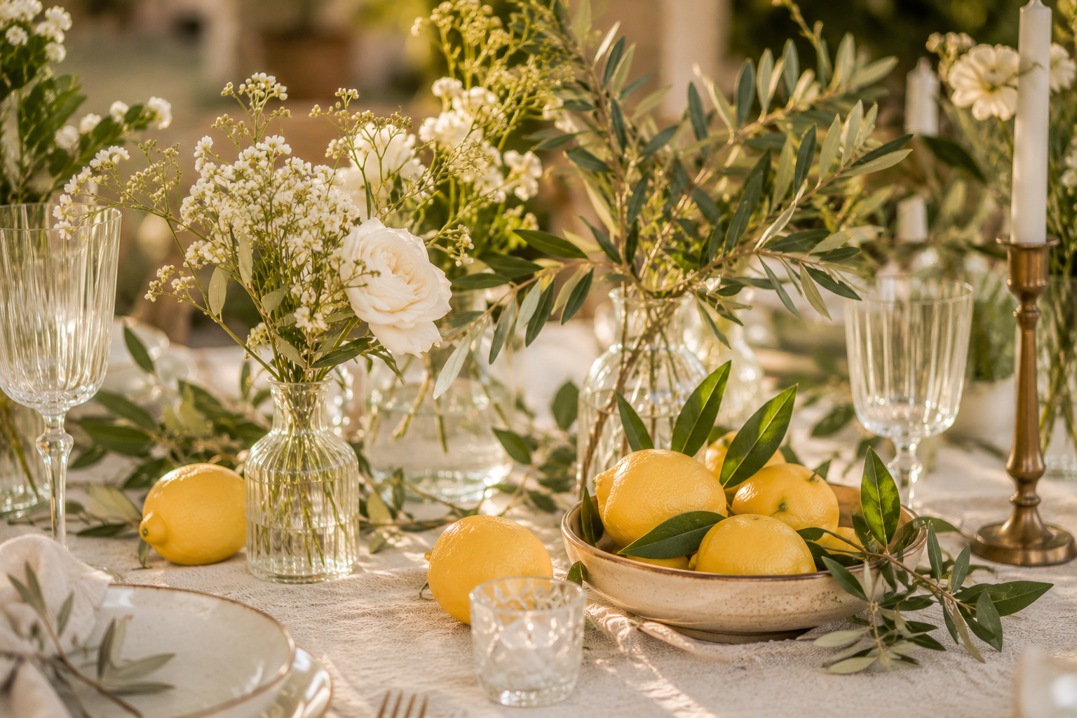 Detailaufnahme einer sommerlichen Tischdekoration mit weißen Blumen, Olivenzweigen, Zitronen und schlichten Glasvasen auf einer Leinentischdecke.