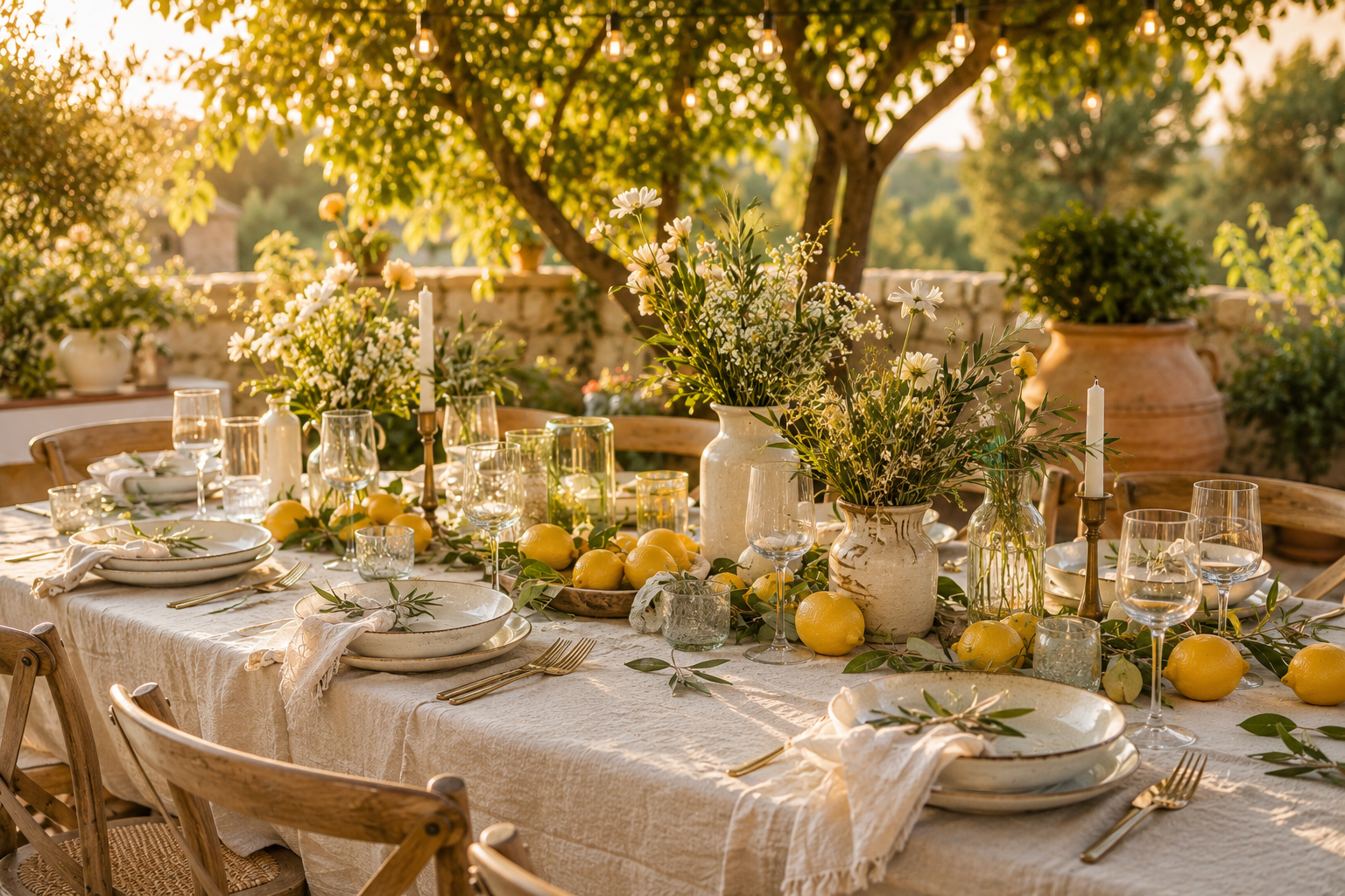 Stilvoll gedeckte Sommertafel im Garten mit Leinentischdecke, frischen Zitronen, Keramikgeschirr, Olivenzweigen und warmem Abendlicht.