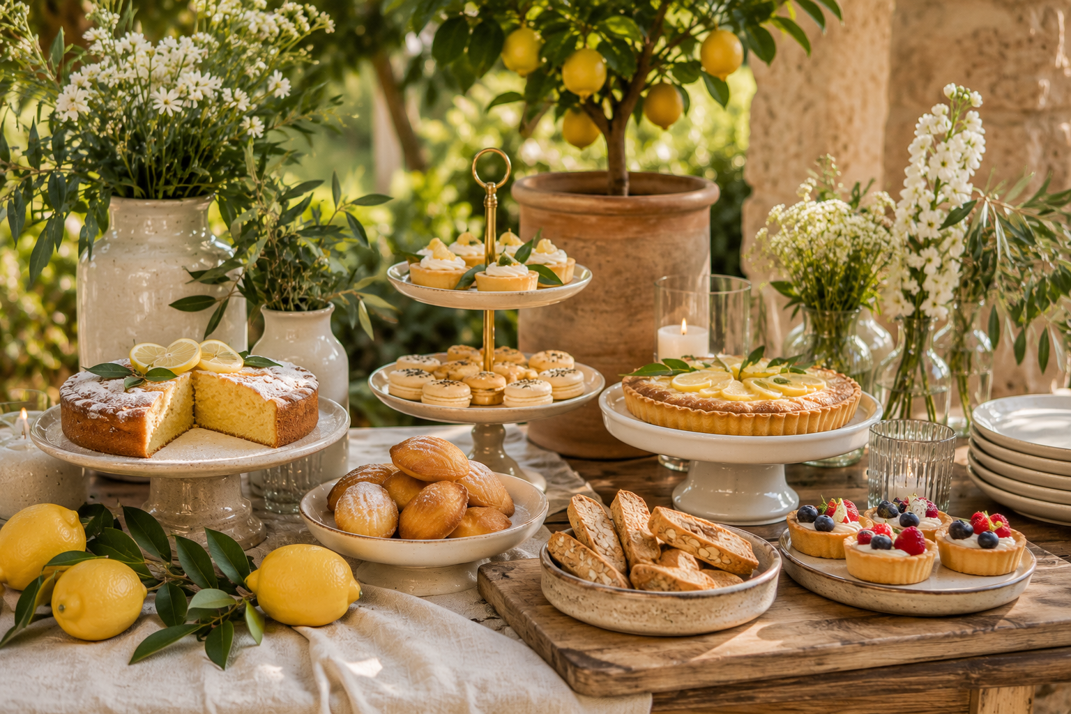 Liebevoll dekoriertes Dessertbuffet mit Zitronenkuchen, Tartelettes, Keramik-Etageren, frischen Zitronen und sommerlicher Dekoration.