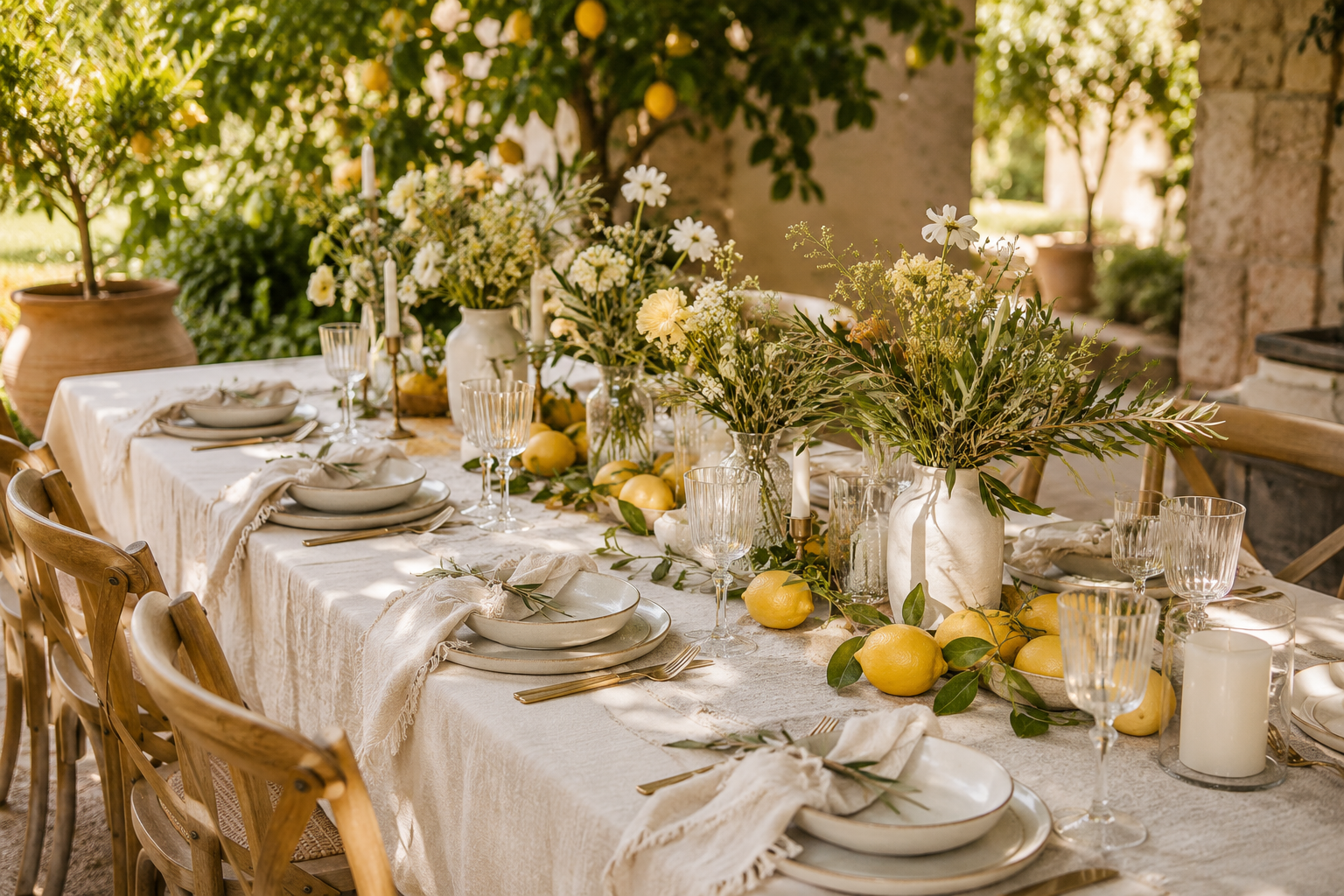Lange Sommertafel mit Leinentischdecke, Keramiktellern, Stoffservietten, frischen Zitronen und lockeren Blumenarrangements in mediterraner Atmosphäre.