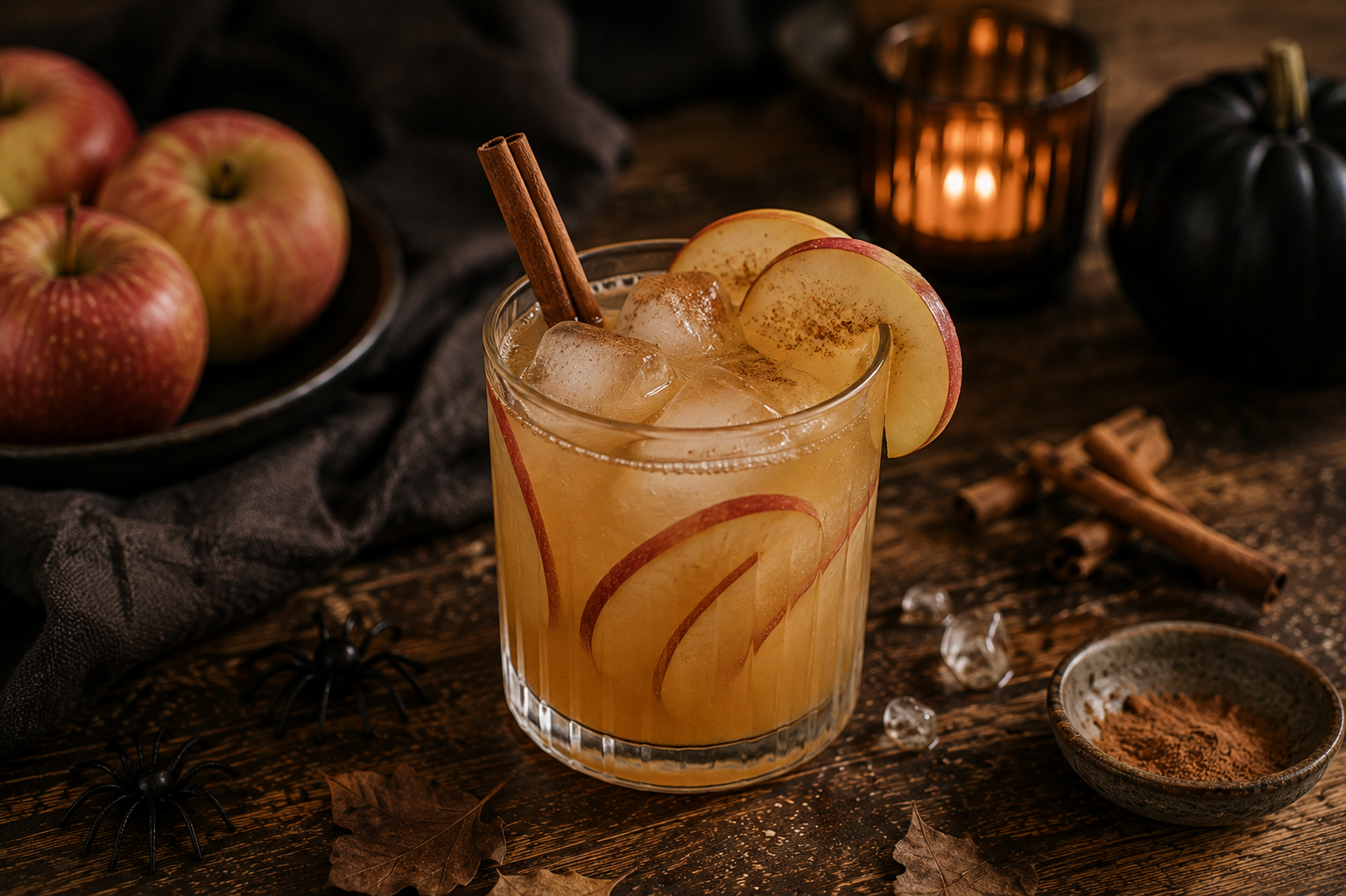 Apfel-Zimt-Mocktail für Halloween Herbstlicher Halloween-Mocktail mit Apfel, Zimt und Eis in einem schlichten Glas