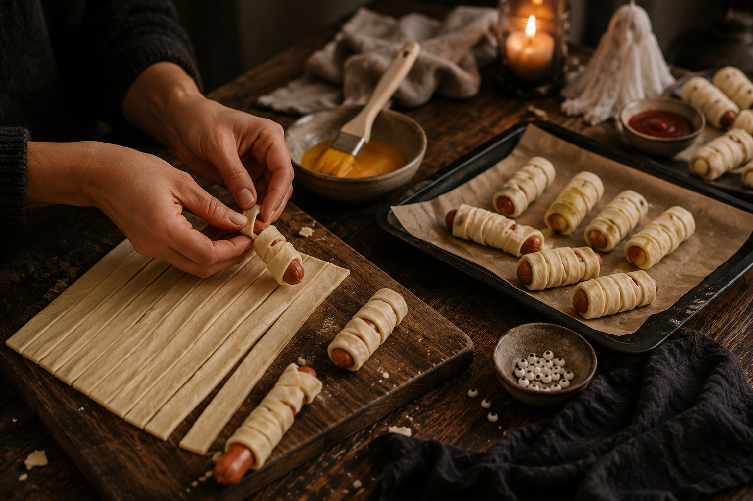 Blätterteig-Mumien für Halloween Hände wickeln Blätterteigstreifen um kleine Würstchen für Halloween-Mumien