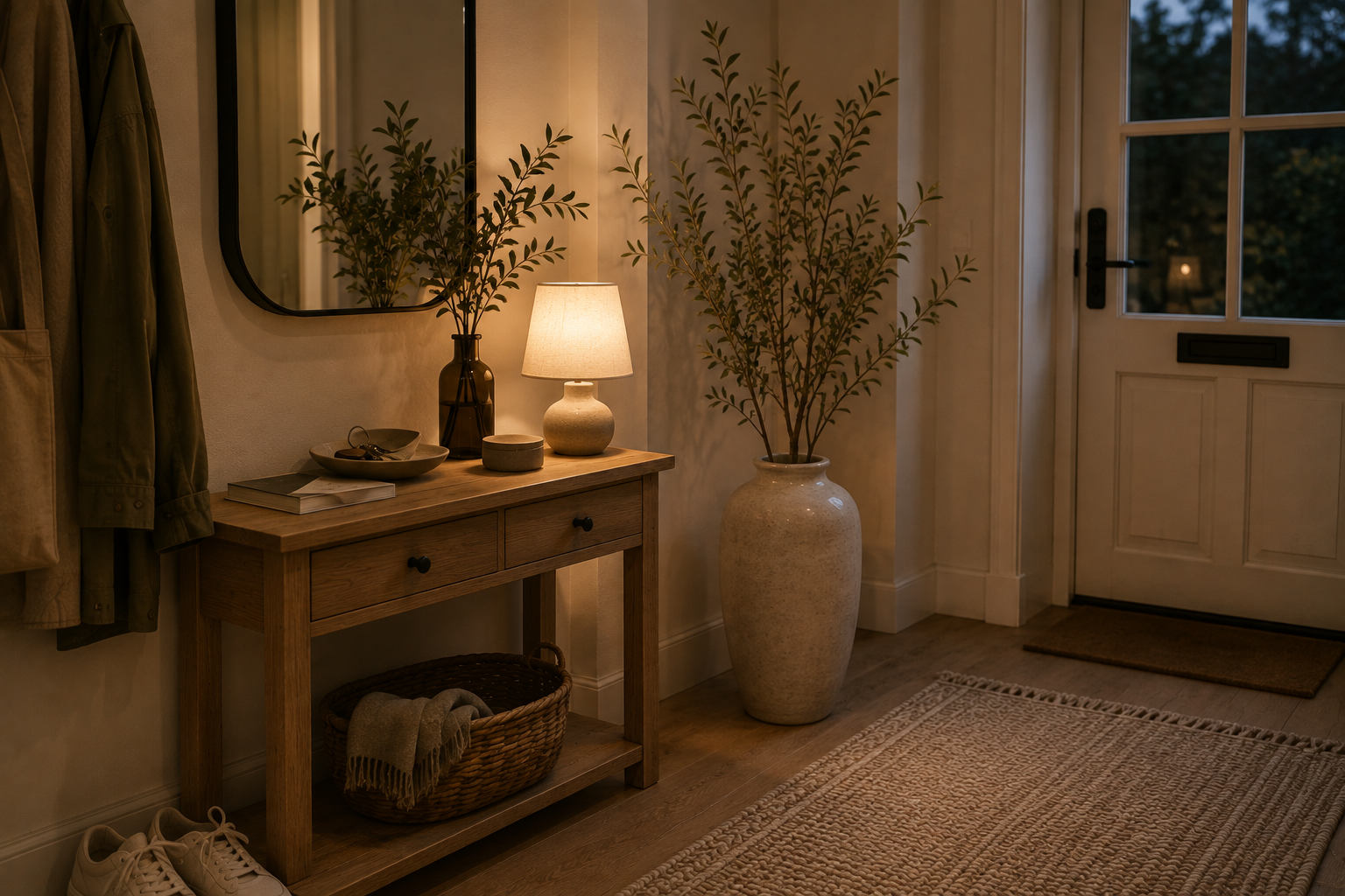 Eingangsbereich mit großer Bodenvase und Zweigen, kleiner Tischlampe, Holzkonsole und warmem Abendlicht.