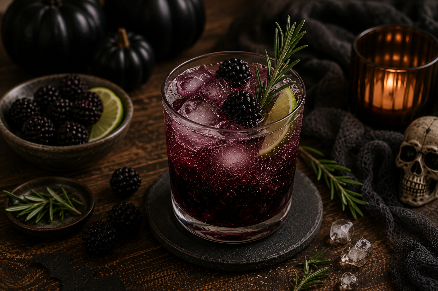 Brombeer-Rosmarin-Fizz für Halloween Dunkler Halloween-Drink mit Brombeeren, Rosmarin, Limette und Eis