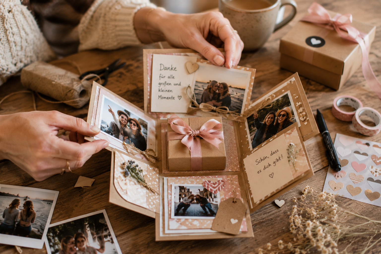 Hände gestalten eine geöffnete Explosionsbox mit gemeinsamen Fotos, kleinen Botschaften und Bändern als persönliches Geschenk für die beste Freundin.