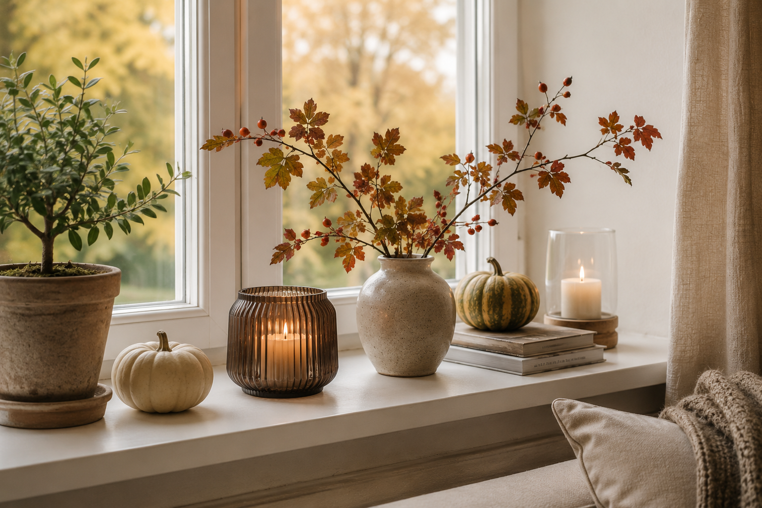 Fensterbank mit Pflanze, kleinem Kürbis, Herbstzweig und Windlicht