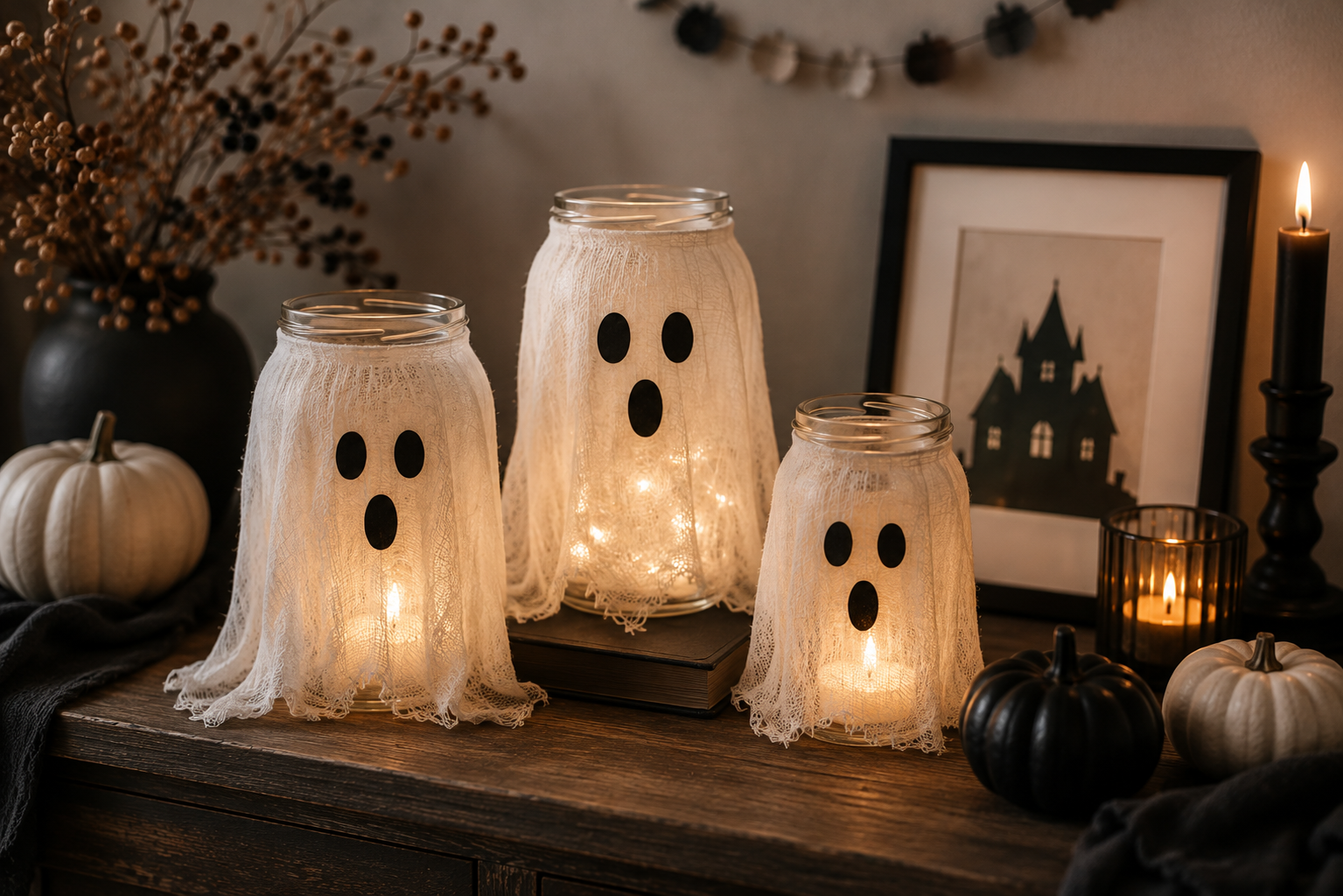 Drei selbst gemachte Geisterlichter aus Gläsern mit weißem Papier und warmen LED-Lichtern.