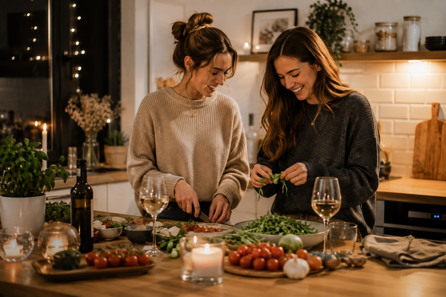 Zwei Frauen kochen gemeinsam in einer gemütlichen Küche.