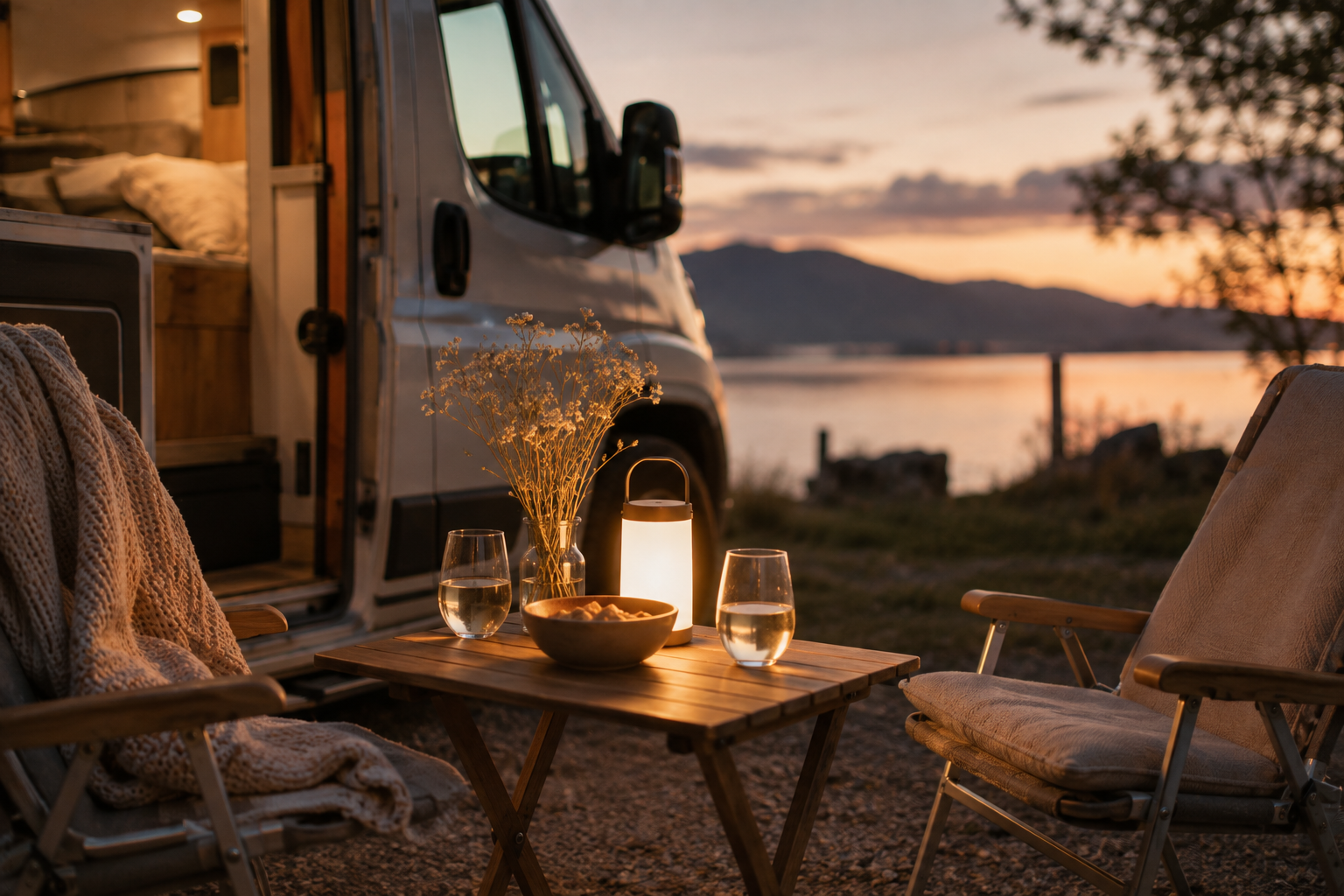 Beleuchteter Campingtisch mit zwei Gläsern und einer kleinen Akku-Leuchte vor einem Wohnmobil am See.
