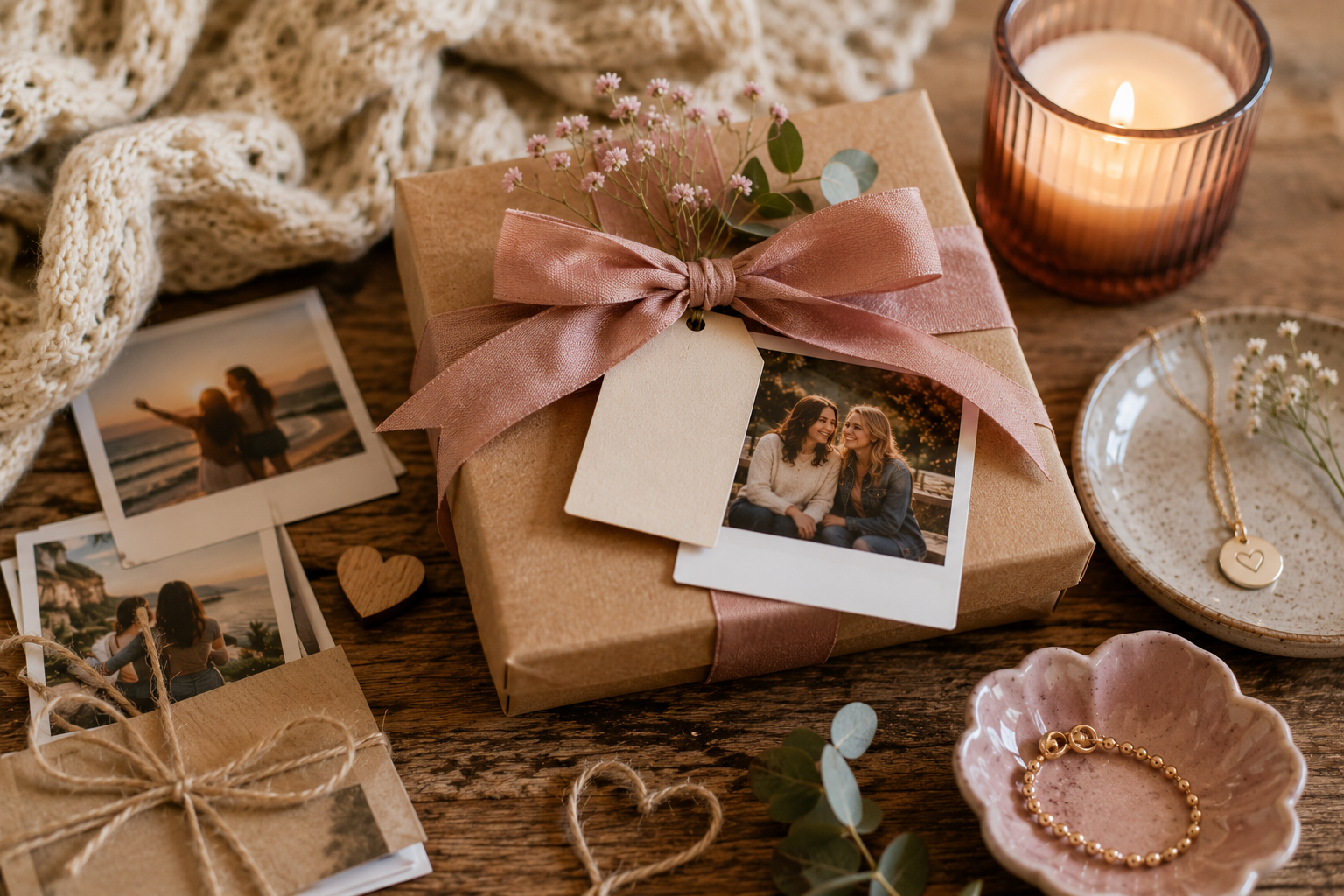 Liebevoll verpacktes Geschenk mit gemeinsamen Fotos, handgeschriebener Karte und kleinen Erinnerungsstücken auf einem Holztisch.