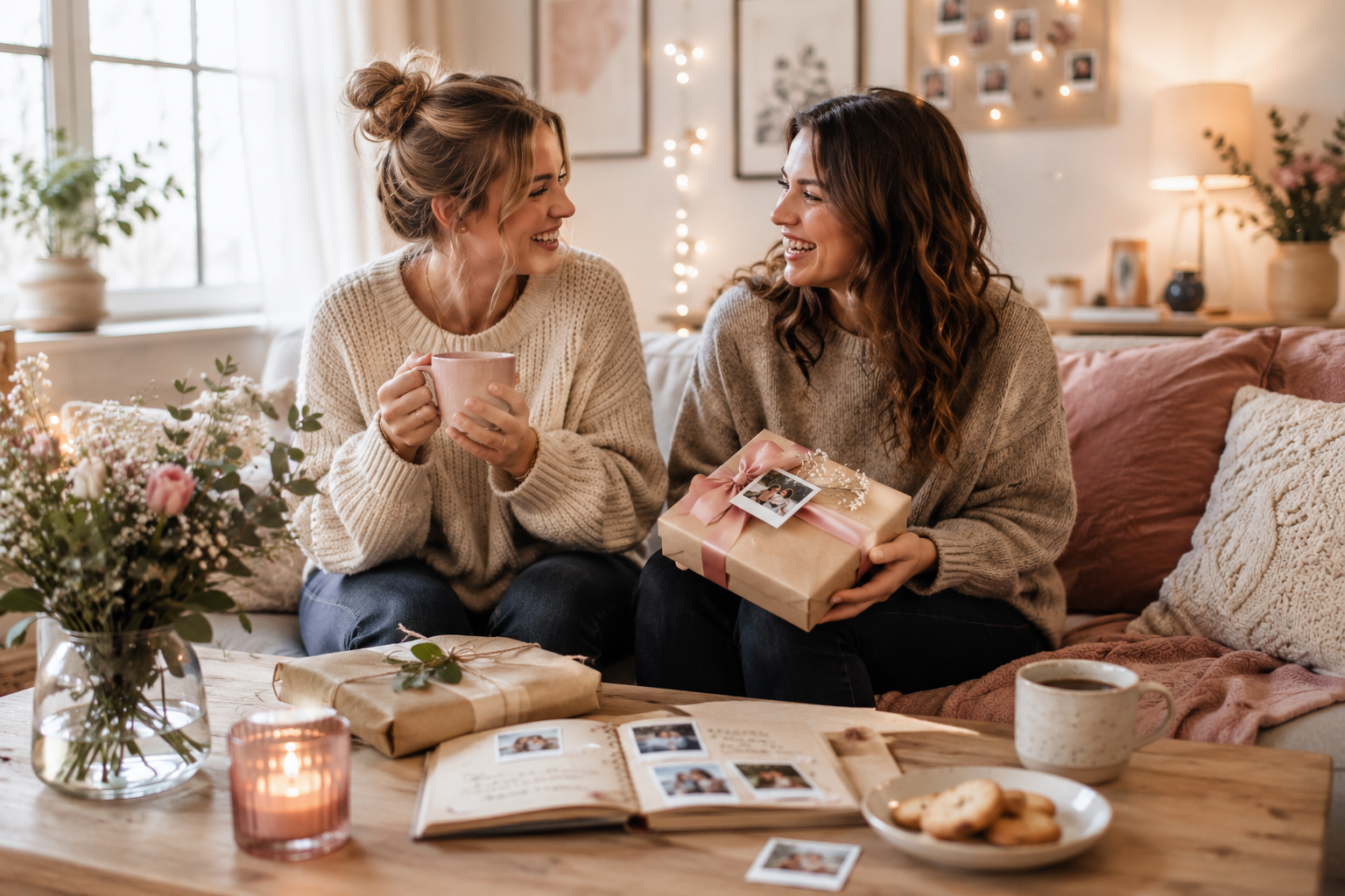 Zwei Freundinnen sitzen bei Kaffee und Geschenken zusammen und lachen sich in einem gemütlichen Wohnzimmer an.