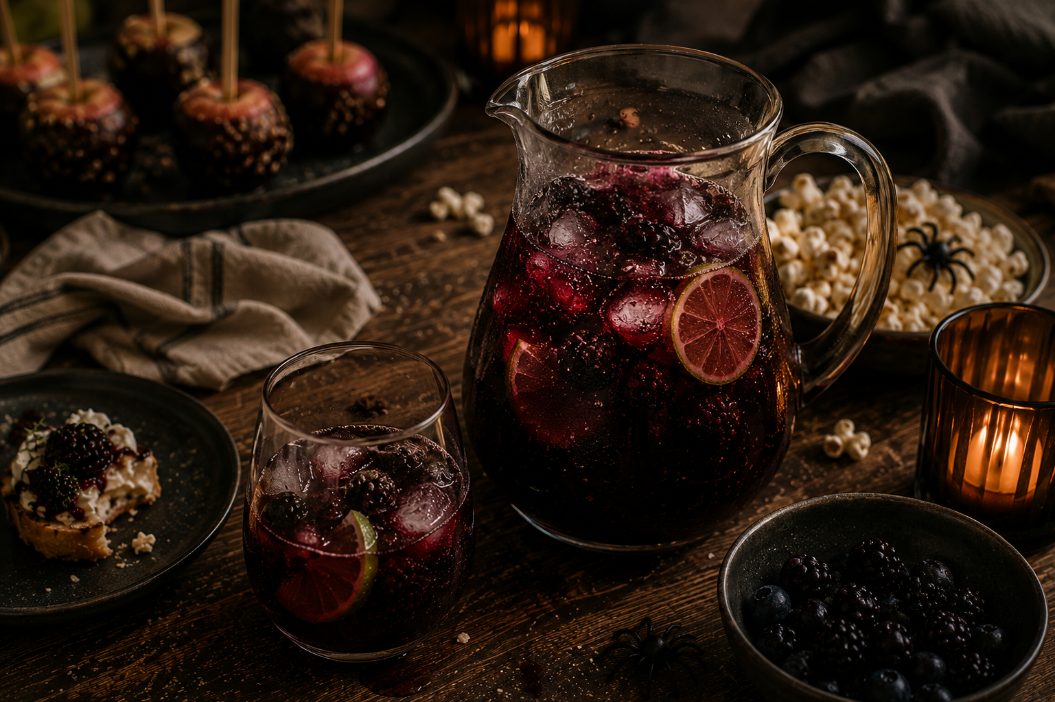 Halloween-Bowle mit dunklen Beeren Alkoholfreie Halloween-Bowle mit dunklen Beeren, Limette und Eis in einer Glaskaraffe