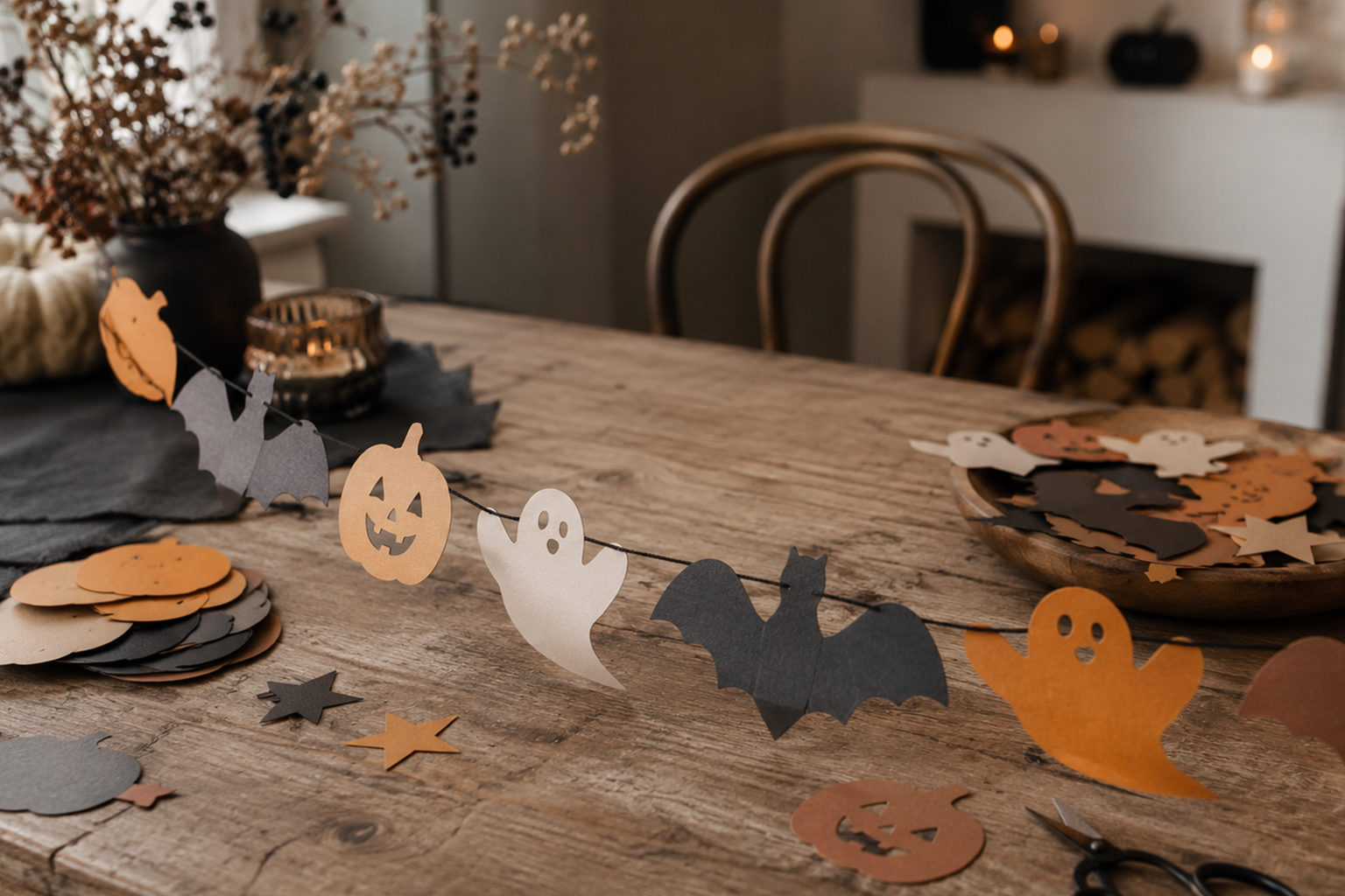 Selbst gemachte Halloween-Deko mit Stoffgeistern, Papierfledermäusen und Kürbissen auf einem Holztisch.