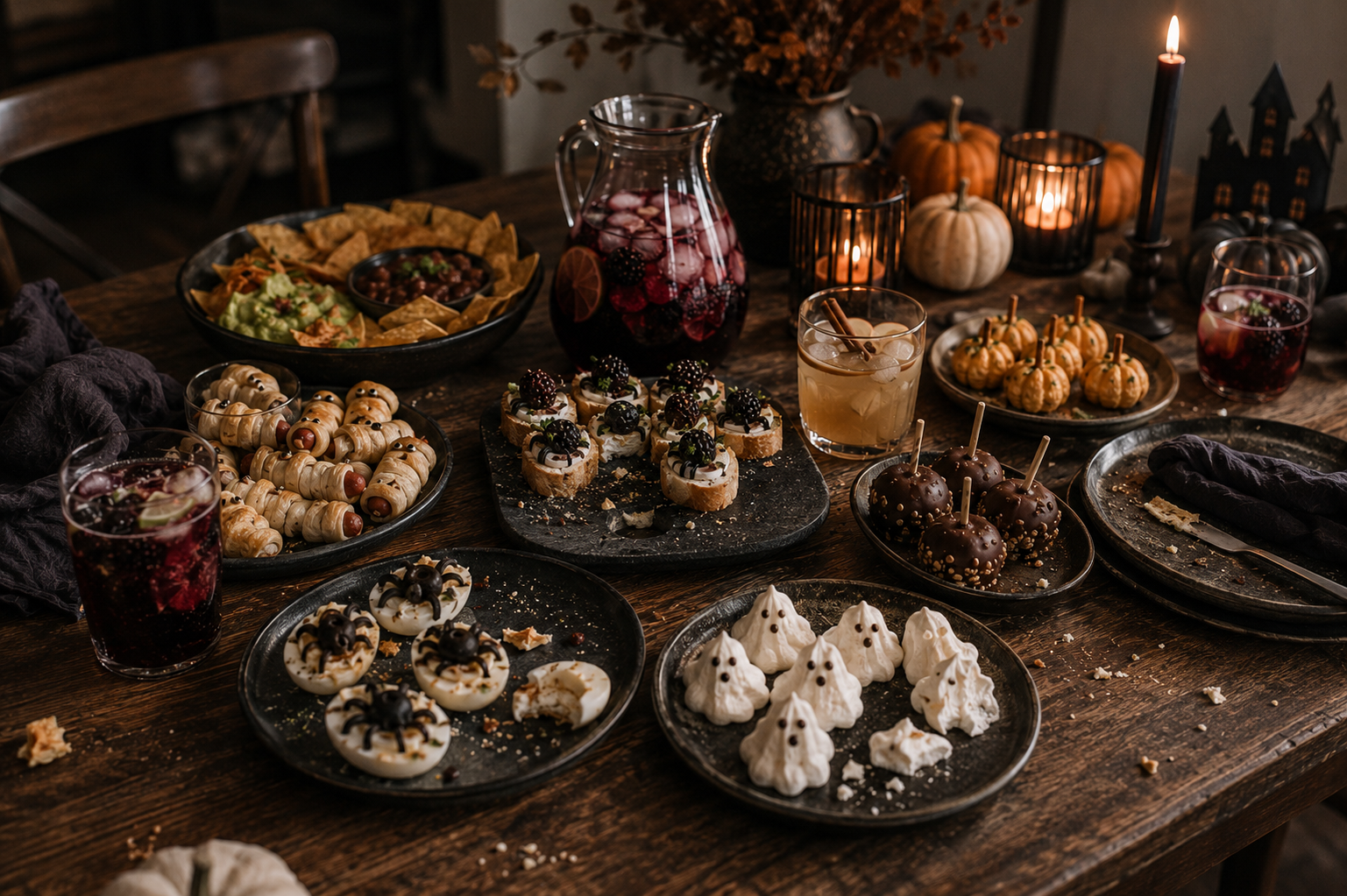 Halloween-Tafel mit selbst gemachtem Fingerfood, kleinen Snacks und herbstlichen Drinks
